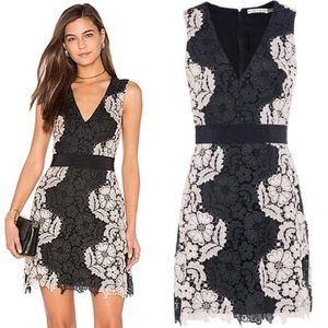 Alice + Olivia Patrice Black and Nude Pink Lace V Neck Mini Dress
